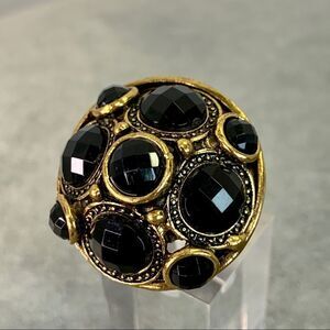 BLACK gem jewelled gold brass tone clustered costume jewellery